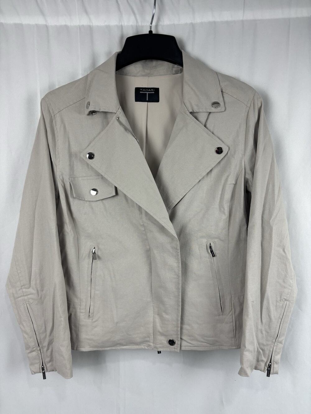 Tahari Women’s M Linen Tan Gray Moto Zip Up Jacket Utility Biker Western